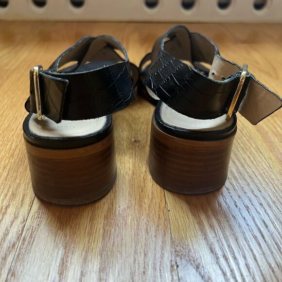 Minelli Block Heel Sandals Size 36 Black Crocodile Leather Cross Strap Peep Toe - Picture 4 of 8